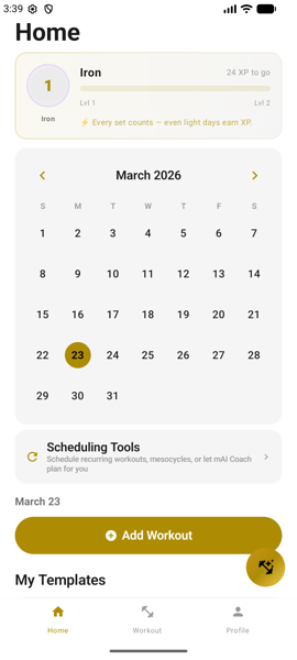 Android home screen showing workout schedule and training overview